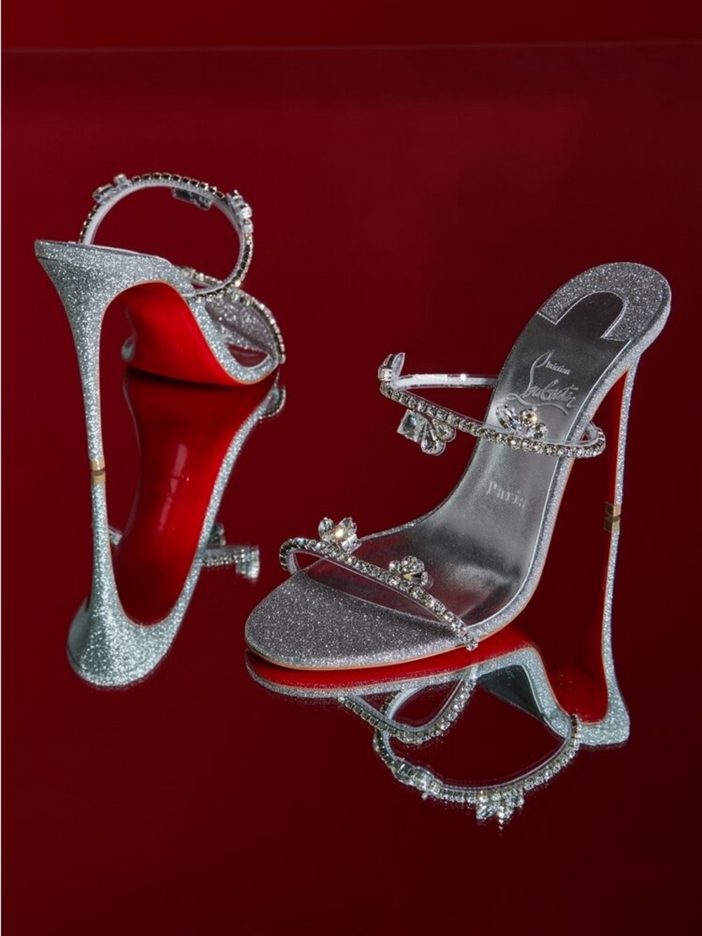 Christian Louboutin Silver Crystal-Strap Stiletto Heels with Red Sole